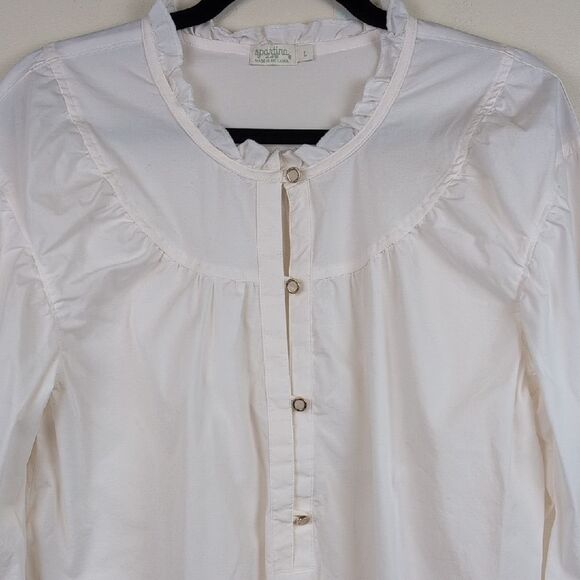 Spartina 449 Cream Elise Stretch Popover Blouse Top Ruffle Neck Size L - Picture 5 of 11